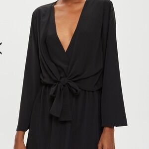 Topshop Black Mini Dress Long Sleeve Tie Front‎ Cocktail Party Size Size 12